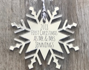 Engraved personalised snowflake mirror acrylic first christmas as mr and mrs mr and mr mrs and mrs keepsake christmas ornament bauble