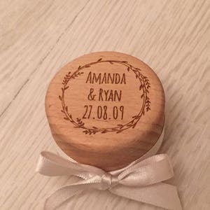 Engraved personalised wooden wedding ring box with satin ribbon image 3