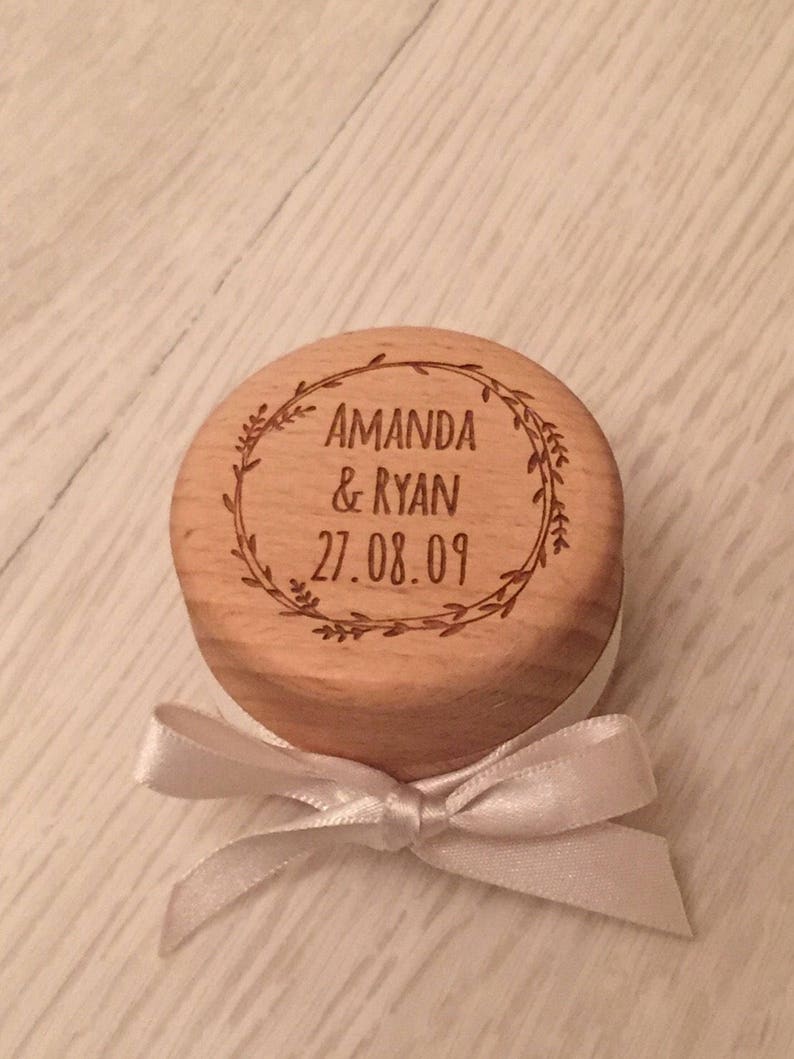 Engraved personalised wooden wedding ring box with satin ribbon image 3