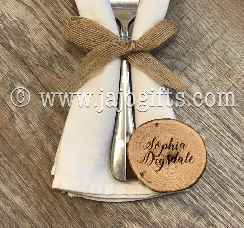 Rustic engraved personalised name places wedding breakfast tags place names log wood slices 30mm 3cm OR 50mm 5cm *magnet calligraphy font