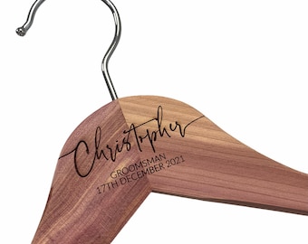 Personalised engraved coat hangers, clothes hanger, wood cedar wood, groomsman hanger, hanger for men, luxury solid wood