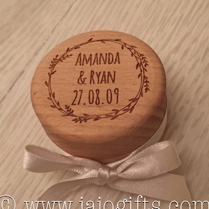 Engraved personalised wooden wedding ring box with satin ribbon image 1