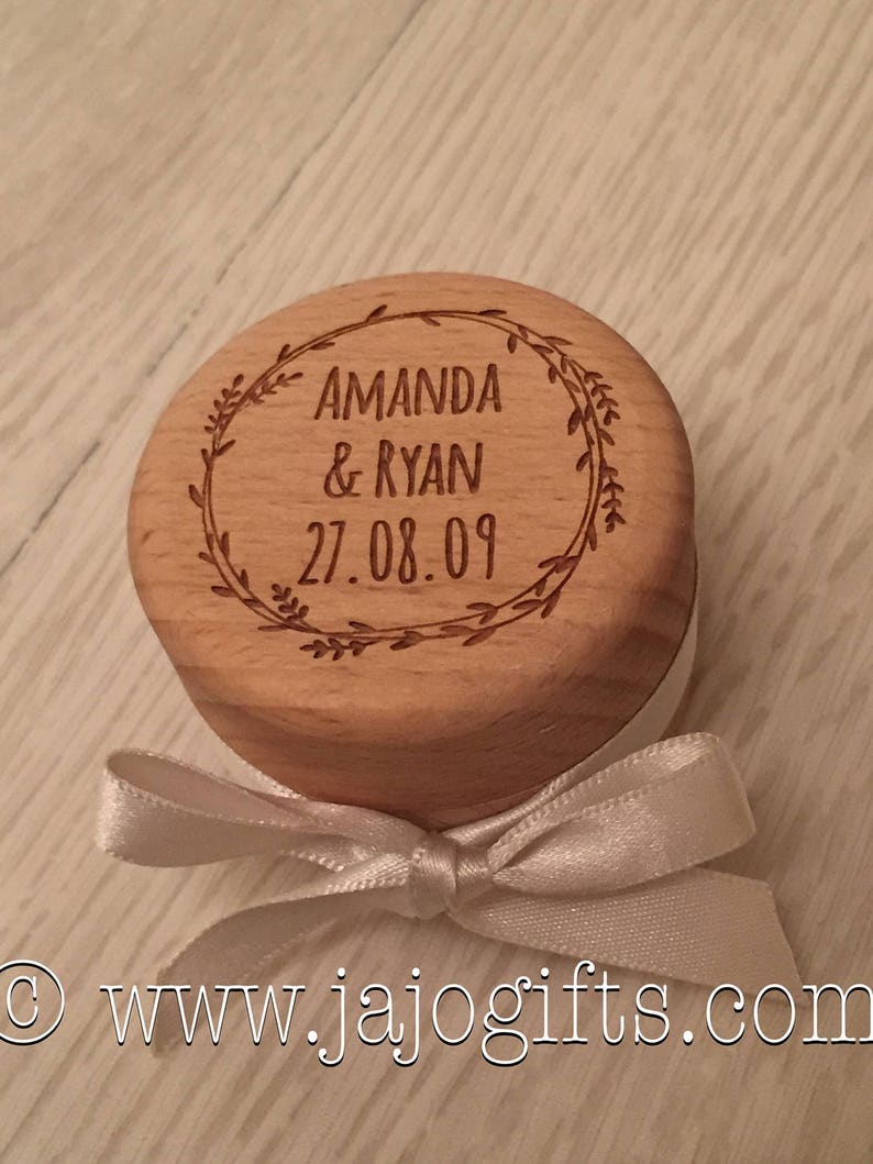 Engraved personalised wooden wedding ring box with satin ribbon image 1