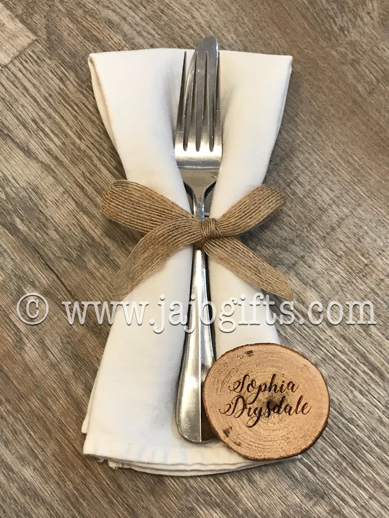 Rustic engraved personalised name places wedding breakfast tags place names log wood slices 30mm 3cm OR 50mm 5cm *magnet calligraphy font
