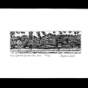 May include: Black and white line drawing of a lake scene with trees and a building in the distance. The text "View of the lake from Bear Bear Shore" and "Stephanie Scott" are visible below the image.