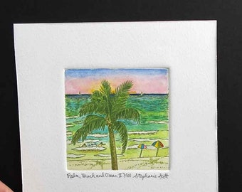 Palme, Strand, Ozean, handgefärbt - Original Radierung & Gravur, handbedruckt, Limitierte Auflage