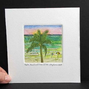 Palm, Beach, Ocean, Hand Colored -  Original Etching & Engraving, Hand-printed, Limited Edition