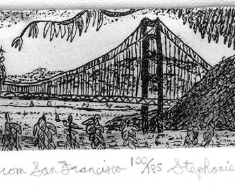 View from San Francisco  - Original Etching & Engraving, Hand-printed, Limited Edition, black and white art, golden gate bridge S.F. Bay