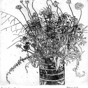 Georgia Swamp Flowers - Original Etching & Engraving, - Hand-printed, Wildflowers, Black and White Art, Botanical Art, Cottage Art, Country+