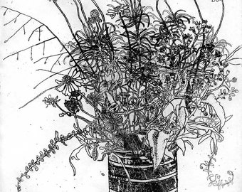 Georgia Swamp Flowers - Original Etching & Engraving, - Hand-printed, Wildflowers, Black and White Art, Botanical Art, Cottage Art, Country+