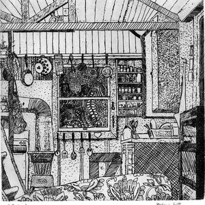 Interior Scene   - Original Etching & Engraving, Hand-printed, Limited Edition, Tiny House, Etching, Engraving, Country Home, Cabin, Cat