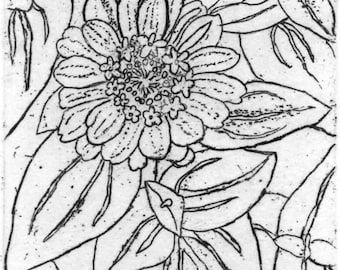 Zinnias - Originele ets en gravure, met de hand bedrukt