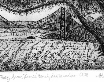 View of the Bay from Keeves' Bench, San Francisco - Original Etching & Engraving, Hand-printed, Limited Edition, San Francisco Bay
