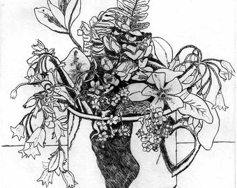 Flowers in a Cup   - Original Etching & Engraving, Hand-printed, Limited Edition