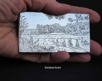 Lake View   Original Intaglio Etching & Engraving, "Lake View" Hand-printed original print, small, miniature print, lake house decor etching