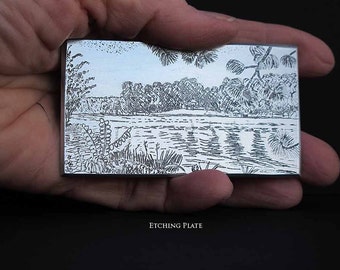 Lake View   Original Intaglio Etching & Engraving, "Lake View" Hand-printed original print, small, miniature print, lake house decor etching
