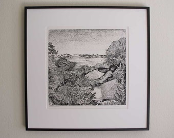View From A Hill, Sausalito - Original Intaglio Etching & Engraving, Hand-printed