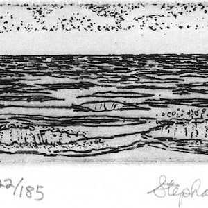 May include: Black and white print of a seascape with the text "The Sea" and "22/185" in the bottom left corner and the artist's signature "Stephanie Scott" in the bottom right corner.