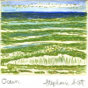 Ocean, Hand Colored  - Original Etching & Engraving, Hand-printed, Limited Edition, Sea, Etching, Miniature Print, Florida, Beach Art, Art