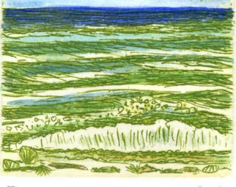 Océano, color de la mano - Original grabado y grabado, impreso a mano, edición limitada, mar, grabado, miniatura impresión, Florida, playa, arte