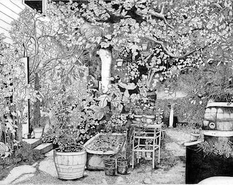 San Francisco Spaghetti Factory Garden - Original Etching & Engraving,  Hand-printed, Limited Edition, North Beach in San Francisco, Cat,