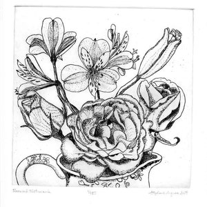 Roses and  Alstromeria - Hand Printed, Black & White;Original Intaglio Etching and Engraving, Limited Edition, Flower,Garden,Botanical,Print