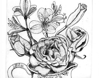 Roses and  Alstromeria - Hand Printed, Black & White;Original Intaglio Etching and Engraving, Limited Edition, Flower,Garden,Botanical,Print