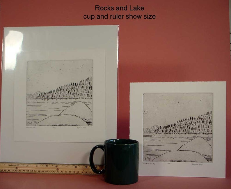 Felsen und See Radierung & Gravur, handbedruckte Originalgraphik, Bild 3