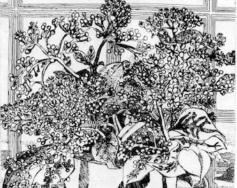Fenster mit Blumen - Original Intaglio Radierung und Gravur, - Handgedruckt