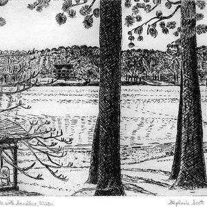 View of Lake with Sandbox - Original Intaglio Etching & Engraving, Hand-printed
