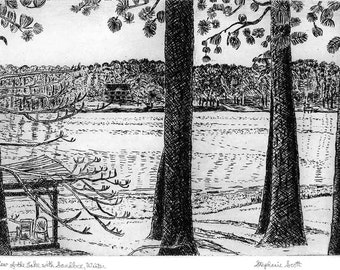 View of Lake with Sandbox - Original Intaglio Etching & Engraving, Hand-printed