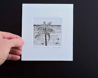 Palm, Beach, Ocean  - Original Etching & Engraving, Hand-printed, Limited Edition