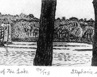 View of the Lake  - Original Etching & Engraving, Hand-printed, Limited Edition, Etching, Lake Art, Pine Trees,