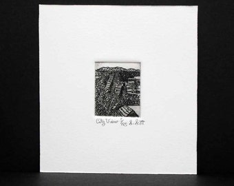 City View, San Francisco - Original Etching  & Engraving, Hand-printed, Limited Edition,  Original Print, Black/White, Miniature,/Cityscape