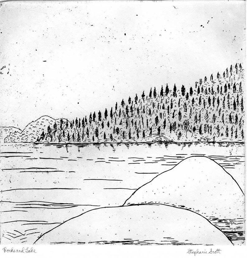 Rocks and Lake Etching & Engraving, Hand-printed original print, image 1