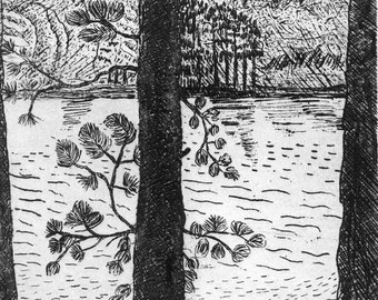 View of Lake Sinclair -  Etching & Engraving,  Hand-printed original print, miniature, black and white, lake house decor, etching, pine tree