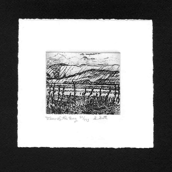 Vista de la bahía - Grabado original, grabado a mano, edición limitada, naturaleza, agua