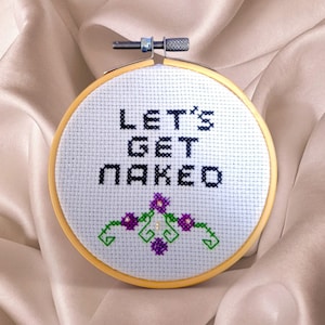 Let&#39;s Get Naked Cross Stitch Wall Hanging, Finished Embroidery Ready to Hang