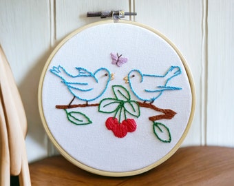 Blue Birds Finished Embroidery Hoop Wall Hanging ,Vintage Farmhouse Style Happy Bluebirds and Cherries, Ready to Hang