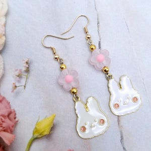 Cute Bunny / Rabbit and Flower Dangle Earrings  Your Choice Pierced or Clip-on  Easter Earrings Great Gift Idea(M)