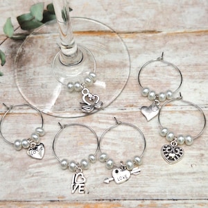 Love Heart Wine Glass Charms: Wedding, Anniversary, Valentine&#39;s Day, Set of 6