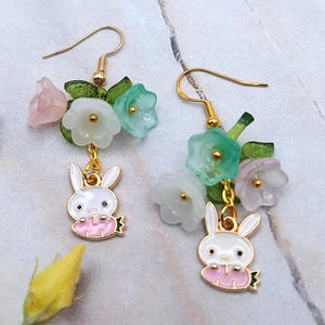 Cute Bunny / Rabbit and Flower Dangle Earrings  Your Choice Pierced or Clip-on  Easter Earrings Great Gift Idea(M)