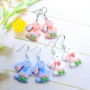 Bunny Rabbit Earrings  Dangle Pierced or clip onand Spring Pink,  Blue or White  (f)