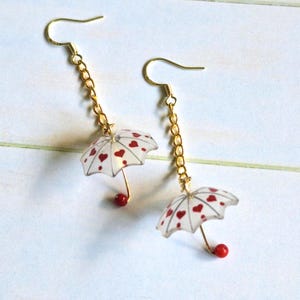 Umbrella with Red Hearts Earrings  Pierced or Clip  Dangle Earrings (J)