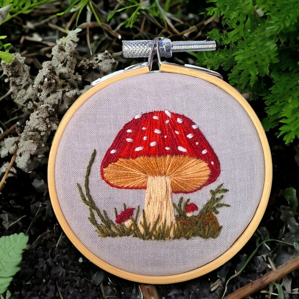 Mushroom Wall Hanging, Finished Embroidery Ready to Hang Toadstool House