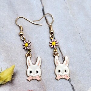 Cute Bunny / Rabbit and Daisy Dangle Earrings  Easter Earrings Your Choice Pierced or Clip-on  Great Gift Idea (L)