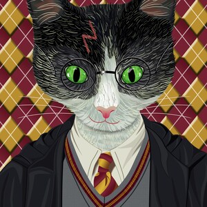 May include: A black and white cat wearing round glasses and a Hogwarts uniform with a red and gold tie. The cat has a lightning bolt scar on its forehead.