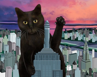 May include: A black cat with yellow eyes sits atop a tall, gray building with a cityscape in the background. The cat's paw is raised in a wave, as if greeting the city.