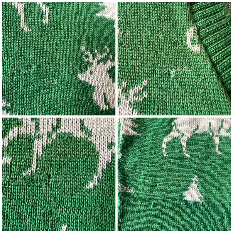 May include: Green knitted sweater with a white reindeer pattern. The sweater has a V-neck and is made of a soft, comfortable material.