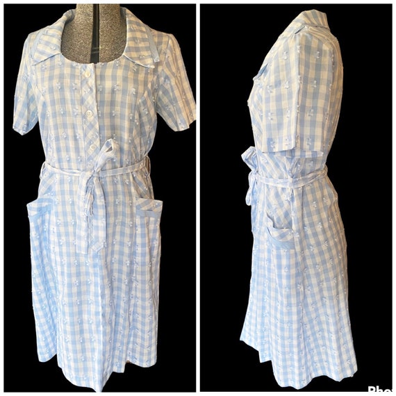 1940s/50s blue and white gingham house dress L - image 1